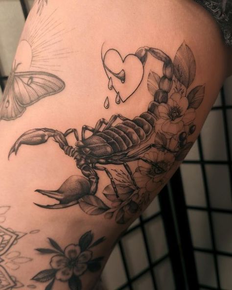 Scorpion With Heart Tattoo, Scorpion Thigh Tattoo, Heart Scorpion Tattoo, Inner Thigh Tattoo, Inner Thigh Tattoos, Oregon Tattoo, Tattoo Realism, Scorpion Tattoo, Inner Thigh