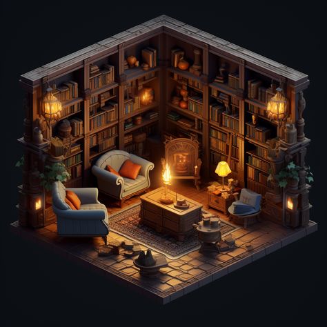 Environment Diorama Concept Art, 3d Library Design, Miniature Library Room, Miniature Interior Design, Isometric Room Design, Blender Project Ideas, Blender Isometric Room, Isometric Room 3d, Isometric Library