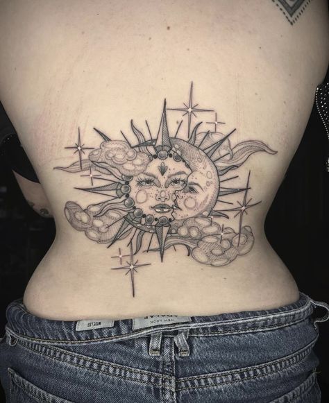 Sun And Moon Lower Back Tattoo, Sun And Moon Tattoo On Back, Sun And Moon Chest Tattoo, Lower Chest Tattoo, Mercury Tattoo, Moon Tattoo Ideas, Pisces Tattoo Designs, Hand Tattoos For Girls, Tattoos With Kids Names