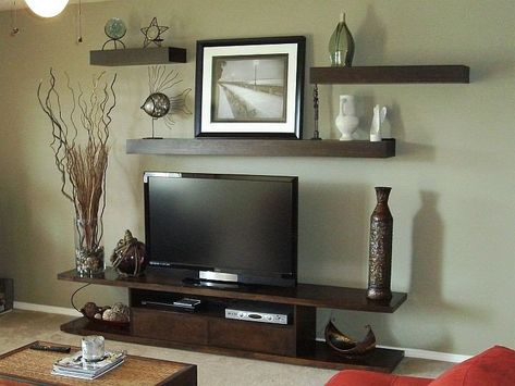 Shelves above tv Tv Shelf Ideas Floating Shelves, Shelves Above Tv, Tv Shelf Ideas, Shelf Above Tv, Shelves Around Tv, Wall Mount Entertainment Center, Decor Around Tv, Entertainment Center Shelf, Living Tv