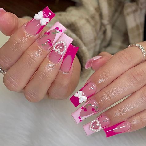 Bow Nail Designs, Hello Kitty Nails, Unique Acrylic Nails, Pink Nail Designs, Pink Acrylic Nails, Square Acrylic Nails, Cute Nail Designs, Short Acrylic Nails, Nail Accessories