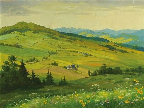 Meadow Digital Art, Meadow Fantasy Art, Meadow Landscape Painting, Meadow Concept Art, Meadow Drawing, Fantasy Meadow, Meadow Illustration, Hilly Landscape, Meadow Landscape