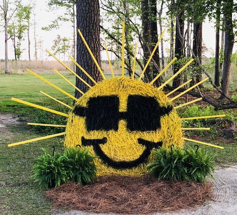 Summertime sunshine haybale decor Margaritas, How To Paint Hay Bales, Round Bale Decorating Ideas, Hay Bale Art Ideas, Round Hay Bale Decorating Ideas, Painted Hay Bale Ideas, Hay Bale Decorating Ideas, Hay Bale Fall, Hay Bale Decor