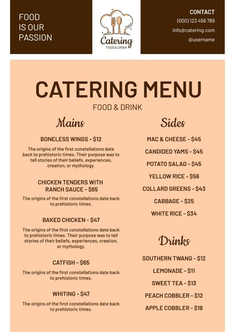 Duotone Linear Food & Drink Catering Menu Catering Menu Design Templates, Food Menu Ideas, Catering Menu Design, Starting A Catering Business, Coffee Catering, Wedding Catering Menu, Menu Catering, Printable Menu Template, Food Catering