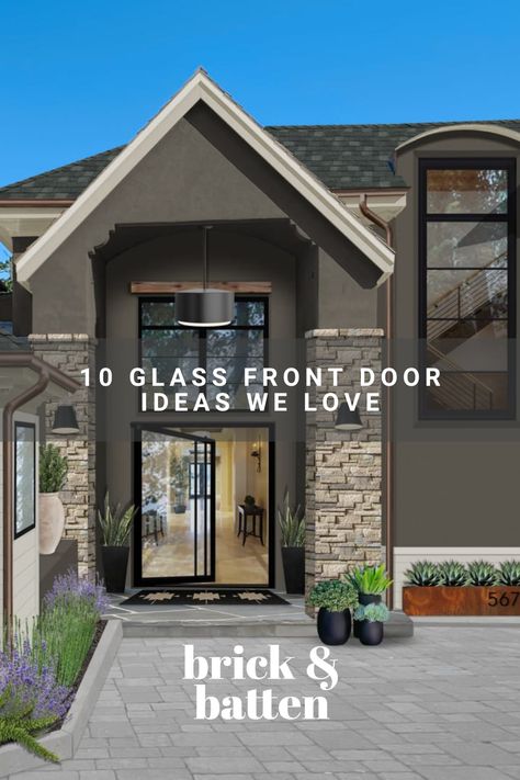 A glass front door is an excellent way to allow natural light into your home while simultaneously elevating your curb appeal. Glass front doors serve as statement pieces that connect style and functionality. See some of our favorite ways to incorporate glass front doors into our exterior designs: https://bit.ly/41ItNlv Modern Glass Front Door Entrance, Front Door Large Window, Mirrored Glass Front Door, Wide Front Door Ideas, Frosted Front Door, Glass Front Door Privacy Ideas, Modern Glass Front Door, Glass Front Door Ideas, Clear Glass Front Door