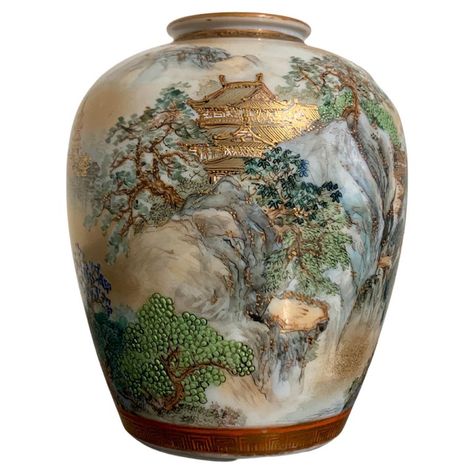 Check out this item from 1stdibs! Japanese Kutani Vase with Landscape, Showa Period, 1930's, Japan: https://www.1stdibs.com/id-f_34932652 Chinoiserie Plates, Translucent Porcelain, Kutani Porcelain, Mountainous Landscape, Asian Vases, Showa Era, Verde Lima, Japanese Pottery, Bright Gold