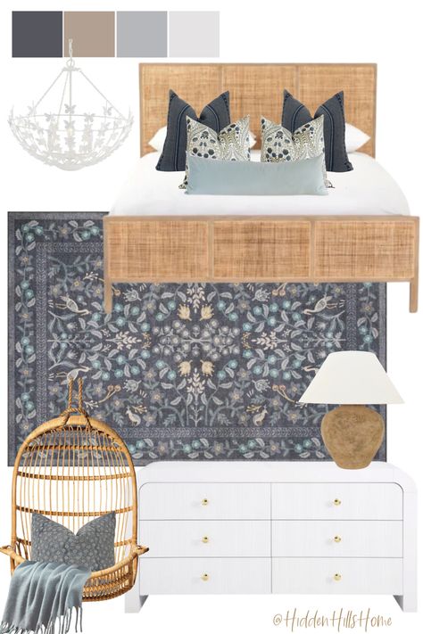 Teen girls room decor mood board with navy blue tones