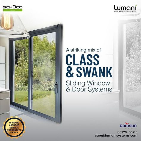 A striking mix of CLASS & SWANK. Sliding Window & Door Systems. #Switch to #LumaniSchuco For any information call us at – 8872050715 #GermanWindowSystem #AluminiumWindows #LumaniSchucoWindows #GermanAluminiumWindows #10YearAssuredServiceGuranteed #lumanischuco #lumani Window Ads, Upvc Windows And Doors, Composite Veneers, Soundproof Windows, Admissions Poster, Window Poster, Poster Design Layout, Social Media Branding Design, Sliding Window