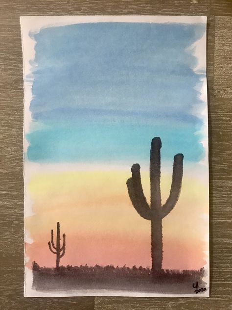 Easy Desert Watercolor, Arizona Watercolor Paintings, Watercolor Desert Sunset, Desert Watercolor Simple, Western Watercolor Paintings Easy, Desert Watercolor Paintings, Watercolor Cactus Paintings, Western Watercolor Paintings, Watercolor Desert Landscape