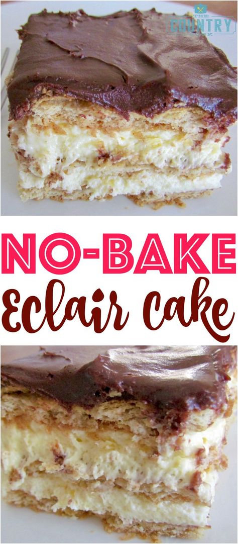 No-Bake Eclair Cake is a dessert that is so easy to make but the flavors come together and make the most impressive and yummy dessert ever! No Bake Eclair Cake, Pasta Con Broccoli, Diy Dessert, Biscuits Graham, Eclair Cake, Caramel Desserts, Simple Dessert, Brownie Desserts, Cobbler Recipe