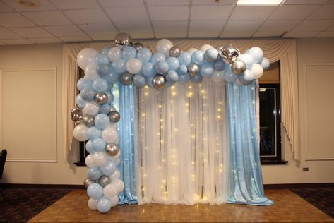 Light Blue Balloon Decorations, Blue And White Bday Decor, Blue Wedding Balloons, Sky Blue Party Decorations, Blue White And Silver Decorations, Light Blue Silver And White Party Decorations, Sky Blue Birthday Party Decorations, Blue And White Theme Birthday Decoration, Simple Blue Theme Birthday Party Decorations