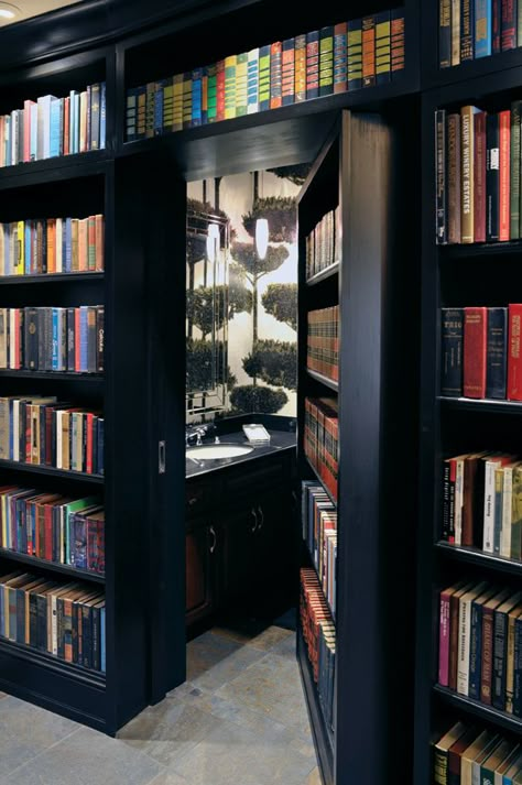 Hidden Library In House, Gothic Home Office, Secret Room Design, Sunroom Library, Secret Bookshelf Door, Secret Bookshelf, Home Library Design Ideas, Dream Home Library, Home Office Decor Ideas