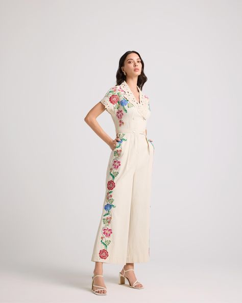 IVORY FLORAL APPLIQUE AND BEADWORK JUMPSUIT Instagram Photo Inspiration, Floral Applique, Modern Elegance, Photo Inspiration, Hibiscus, Indian Fashion, Bead Work, Jacket Dress, Ready To Wear