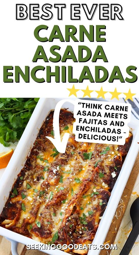 Carne Enchiladas are unique and tasty - carne asada meets fajitas and enchiladas! This Mexican recipe is flavor-packed with caramelized onions and peppers with chipotle-rubbed flank steak and melted Mexican cheeses wrapped in a corn tortilla (flour may also be used) and smothered in our bold red enchilada sauce. The whole family will love this dinner recipe. A make-ahead casserole recipe that's freezable! Instructions for adapting to a low carb and keto recipe are provided. Carne Asada Enchiladas Recipe, Steak Enchiladas Recipe, Carne Asada Enchiladas, Dinner Reciepes, Steak Enchiladas, Mexican Enchiladas, Carne Asada Recipes, Work Recipes, Mexican Night