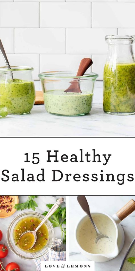 Instead of reaching for a bottle of store-bought salad dressing, make one of these healthy salad dressing recipes at home! They're all quick and easy to make, and they include favorites like Honey Mustard Dressing, Greek Dressing, and more. Easy Homemade Salad, Healthy Salad Dressings, Healthy Salad Dressing Recipes, Easy Homemade Salad Dressing, Homemade Salad Dressing Healthy, Wheat Berry Salad, Zesty Salad, Vegan Ranch Dressing, Salad Dressing Recipes Healthy