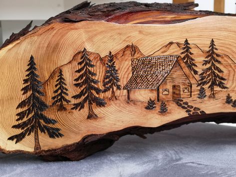 Wood Burning Designs Pyrography Patterns, Wood Burned Tree Design, Wood Burn Pine Trees, Wood Burning Art Patterns Mountains, Deer Wood Burning, Wood Burn Mountain Scene, Wood Burning Forest Scene, Hunting Crafts, Forest Designs