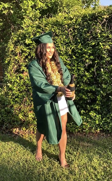 Graduation Green Cap And Gown, Green Cap And Gown Graduation Outfits, Graduation Cap And Gown Outfit, Green Cap And Gown, Green Graduation Gown, Carnation Lei, Cap And Gown Outfit, Green Graduation Cap, Engineer Girl