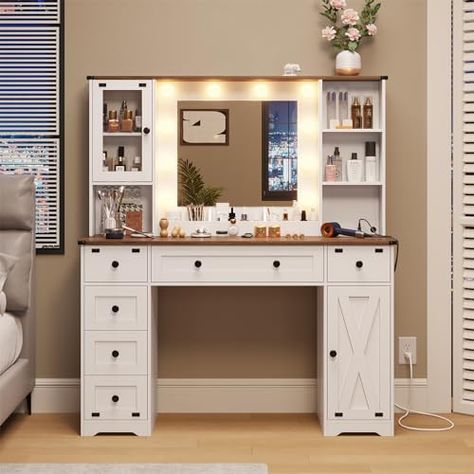 DICTAC Makeup Vanity Desk with Mirror and Lights, Farmhouse Vanity Table with Charging Station, 43'' Bedroom Dressing Table with 6 Drawers & 2 Cabinets, 3 Color Lighting Modes, White Makeup Desk With Mirror, Farmhouse Makeup Vanity, Cool Teen Rooms, Glass Top Vanity, White Vanity Table, Vanity Desk With Mirror, Makeup Vanity Lighting, Desk With Mirror, Table With Charging Station