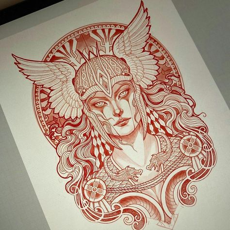 240+ Magnificent Valkyrie Tattoos Ideas and Meaning (2023) - TattoosBoyGirl Neo Traditional Viking Tattoo, Valkyrie Art Drawings, Viking Drawing Sketches, Valkyrie Tattoo Design, Valkyrie Drawing, Valkyrie Tattoos, Arte Aries, Norse Mythology Tattoo, Valkyrie Tattoo