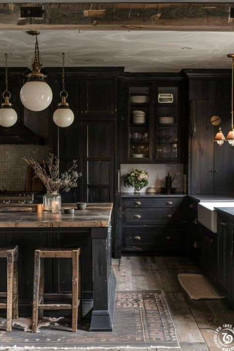 Gothic Farmhouse Kitchen, Dark Farmhouse Decor, Treehouse Kitchen, Dark Farmhouse Kitchen, Dark Moody Kitchen, Moody Cabin, Farmhouse Gothic, Black Farmhouse Kitchen, Euro Kitchen