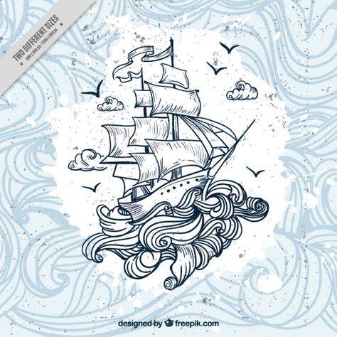 More than a million free vectors, PSD, photos and free icons. Exclusive freebies and all graphic resources that you need for your projects Simple Ship Drawing, Boat Drawing, Sea Tattoo, Kunst Tattoos, Waves Sea, 타이포그래피 포스터 디자인, Ship Tattoo, Waves Background, Ship Drawing