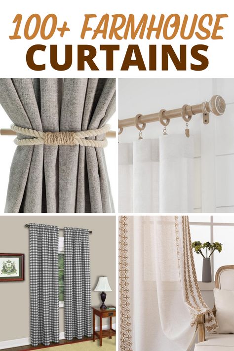 Discover the best farmhouse curtains for your rustic home. Curtains In Farmhouse Living Rooms, Rustic Window Curtain Ideas, Farmhouse Kitchen Window Treatments Joanna Gaines, Farmhouse Living Room Curtains Ideas, Antique Farmhouse Curtains, Farmhouse Dining Room Curtains Joanna Gaines, Sunroom Curtain Ideas Farmhouse, Modern Farmhouse Dining Room Curtains, Farmhouse Curtain Rod Ideas