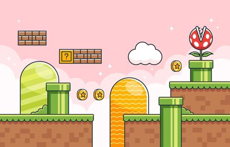 Mario Background Art, Mario Game Aesthetic, Mario Bros Color Palette, Super Mario World Background, Mario Party Background, Mario Drawing Cute, Super Mario Game Background, Super Mario Level Design, Super Mario Graphic Design