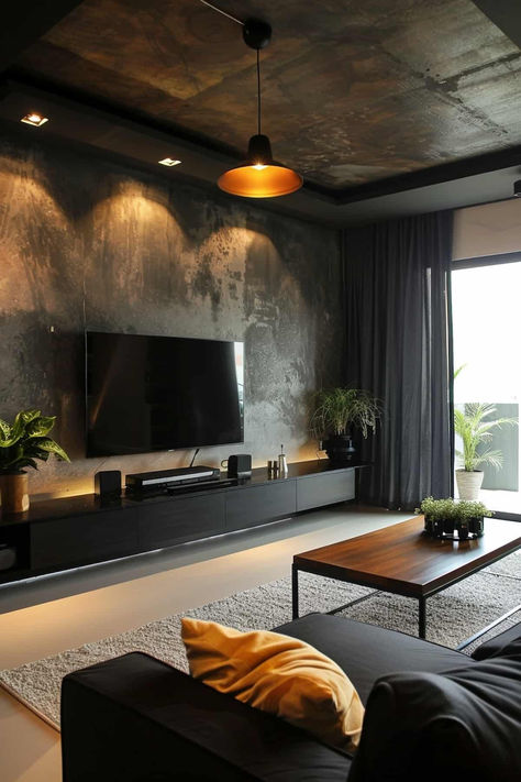 40 Interior Design Ideas for a Stunning Black Living Room Black Tiles Living Room Interior Design, Living Room Decor Wood And Black, Living Room Black Decor Ideas, Black With Wood Living Room, Black Wall Decor Ideas Living Room, Living Room Black Aesthetic, Cozy Loft Decor, Dark Modern House Living Room, Black Living Room With Fireplace