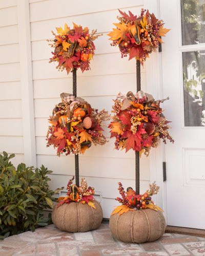 Fall Topiaries, Fall Yard Decor, Outside Fall Decor, Fall Floral Arrangements, Fall Arrangements, Fall Thanksgiving Decor, Fall Deco, Autumn Decorating, Fall Outdoor Decor