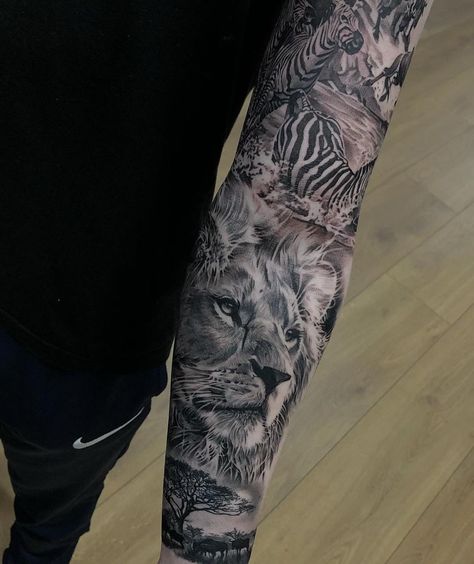 Safari Animal Tattoos Sleeve, Animal Kingdom Tattoo Sleeve, Safari Animals Tattoo, African Safari Tattoo Ideas, African Jungle Tattoo, Jungle Temple Tattoo, Safari Sleeve Tattoo Women, Jungle Forearm Tattoo, Jungle Tattoo Sleeve Women