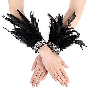 COMNICO Feather Wrist Cuffs for Women, 1Pair Gothic Floral Lace Wings Gloves Bracelets Wristband Feather Arm Sleeve Black Wrist Cuffs for Party Cosplay Halloween Swan Witch Costume Accessory Black Feather Headpiece, Lace Wings, Feather Cuffs, Raven Cosplay, Gothic Floral, Arm Accessories, Feather Headpiece, Feather Bracelet, Feather Hat