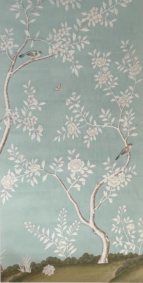 Chinoiserie Hand Painted Floral Wallpaper on Blue Tea Paper Panel 36"x72"/Panel on Chairish Bedroom With Flower Wallpaper, Chinoiserie Pattern Design, Chinoiserie Wallpaper Iphone, Antique Paintings On Wall, Teal Chinoiserie Wallpaper, Duck Egg Blue Walls, French Blue Living Room, Handpainted Wallpapers, Modern Chinoiserie Interior Design