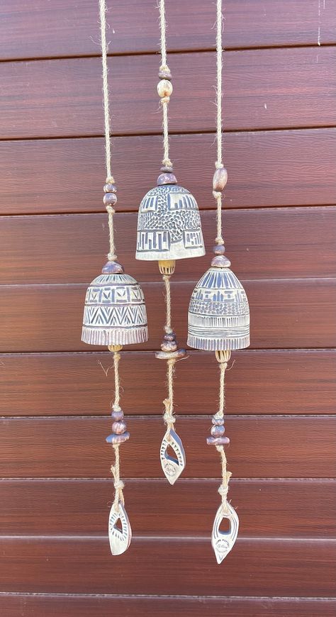 Hand Carved and Oxide Pottery Bell, Wind Chime, Earthy and Natural Clay. Garden Art - Etsy UK Clay Bells Diy Wind Chimes, Oxide Pottery, Clay Wind Chimes, Pottery Wind Chimes, Pottery Bells, Ceramic Garden Art, Ceramic Wind Chimes, Pottery Shapes, Clay Garden