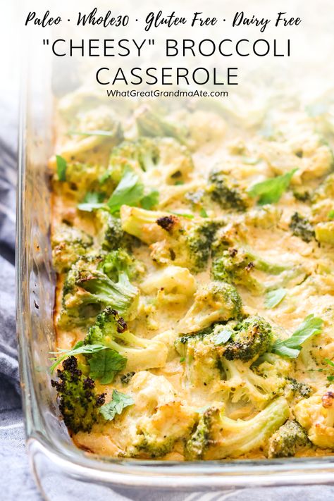 This "Cheesy" Paleo Broccoli Casserole is dairy free and Whole30, but you'll never know it by the delicious, creamy taste! It's a perfect holiday side dish. #paleo #whole30 #glutenfree #holidayside #dairyfree #vegetarian via @whatgreatgrandmaate Paleo Broccoli Casserole, Broccoli Casserole Gluten Free, Casserole Whole 30, Broccoli Casserole Healthy, Paleo Broccoli, Casserole Gluten Free, Cheesy Broccoli Casserole, Paleo Side Dishes, Paleo Sides