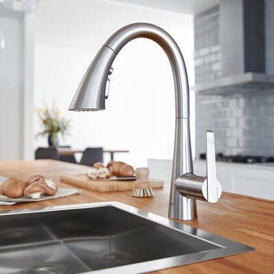 GROHE Ladylux L2 Single Handle Kitchen Faucet Finish: Steel Washing Fruit, Stone Tub, Bathroom Console, Modern Kitchen Faucet, Entertaining Food, Bathroom Vanity Sizes, Pull Down Kitchen Faucet, Shower Spray, Shower Door Hardware