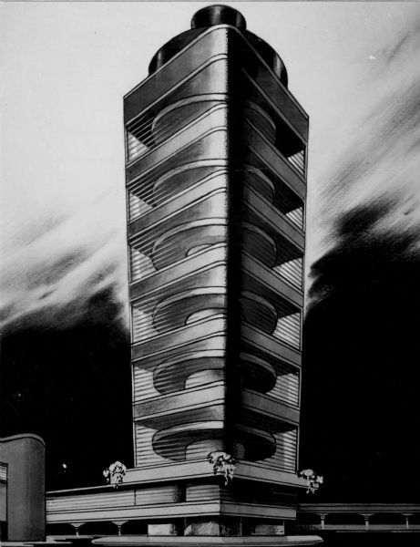 Artist rendition of the exterior view of the research and development tower of the Johnson Wax building. Drawing from 1949. Image ID: 40165 Frank Lloyd Wright Johnson Wax Building, Johnson Wax Building, Johnson Wax, Frank Lloyd Wright Architecture, Sketch Practice, Racine Wisconsin, Unusual Buildings, Building Drawing, New Architecture