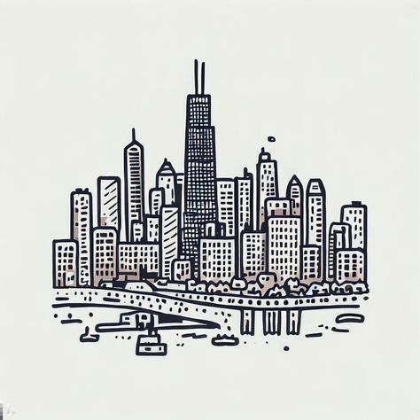 Chicago Doodles, Skyline Doodle, Chicago Skyline Drawing, Chicago Sketch, Chicago Drawing, Client Board, Chicago Skyline, Water Art, Willis Tower