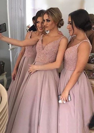 A-line Sleeveless V-neck Sweep Train Sequins Bridesmaid Dresses with P – Angrila Blush Bridesmaid Dress, Beige Bridesmaid Dress, Bridesmaid Dresses 2017, Evening Dress Beaded, Bridesmaid Dresses 2018, Dusty Rose Bridesmaid Dresses, Rose Bridesmaid Dresses, Sequin Bridesmaid, Backless Evening Dress