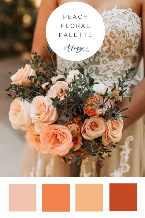 Peach Color Palette for Wedding Flowers - the perfect peach flowers and color palettes for the Arizona bride and groom. The colorful wedding color palettes seen in bridal bouquets, bridesmaid bouquets, centerpieces, and elopements flowers. Spring, winter, and fall wedding floral arrangements with peach flowers and peach floral accents for a Phoenix wedding ceremony or reception. Photo by Carmela Joy. Coral Color Flower Arrangements, Peach Fall Wedding Flowers, Safe And Peach Wedding, Wedding Peach Decoration, Peach Color Flower Arrangements, Fall Wedding Colors Peach, Terracota Spring Wedding, Burnt Peach Wedding Theme, Peach Wedding Color Palette