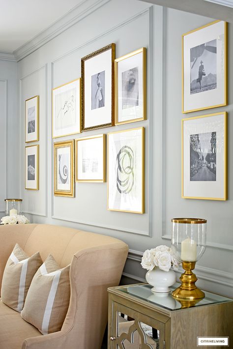 INEXPENSIVE DIY GALLERY WALL - CITRINELIVING Trimmed Out Gallery Wall, Gold And Silver Gallery Wall, Picture Frame Moulding Gallery Wall, Wall Moulding With Artwork, Picture Frame Molding With Pictures, Gallery Wall With Paneling, Picture Molding Gallery Wall, Large Frame Photo Wall, Gallery Wall With Trim