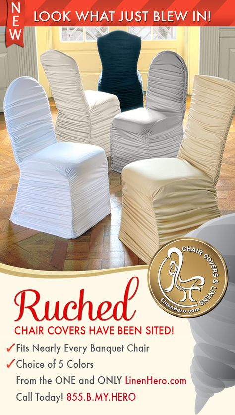 NEW Ruched Chair Covers for ANY event from LinenHero.com! Fits nearly every banquet Chair. Choice of 5 Colors. Call Today! 855.B.MY.HERO Folding Chair Covers Wedding, Chair Covers Wedding Reception, Plastic Chair Covers, Black Chair Covers, Diy Chair Covers, Chair Covers Party, White Chair Covers, Folding Chair Covers, Banquet Chair Covers