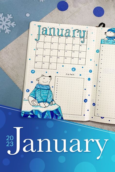 Winter Polar Bear January Bullet Journal Theme 2023 ❄️🐻‍❄️ Watch this creation on my YouTube channel! #bulletjournal #january2023 #planwithme January Bullet Journal Theme, 2023 Bullet Journal, Polar Bear Theme, Bullet Journal Month, January Bullet Journal, Bullet Journel, Bullet Journal Setup, Bullet Journal Ideas Templates, Bullet Journal Paper