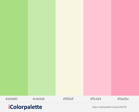 Pink White And Green Color Palette, Mitsuri Kanroji Color Palette, Pink Green Graphic Design, Kawaii Color Pallete, Mitsuri Color Palette, Cutecore Color Palette, Stardew Color, Unusual Color Palettes, Light Colors Aesthetic