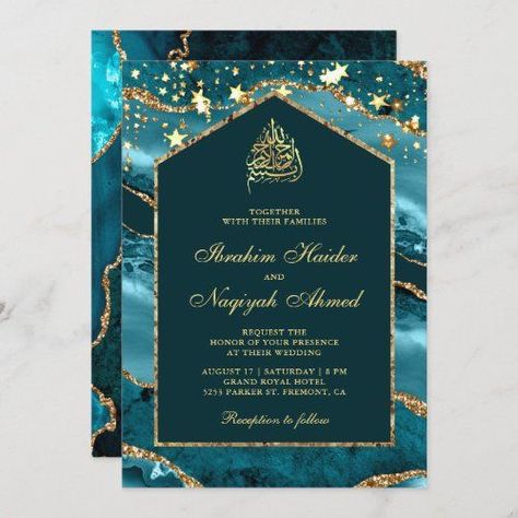 Come in and check out our doorbuster deals! - Teal Gold Agate Marble Arch Muslim Wedding $2.55 | Wedding Invitations #islamicwedding #nikah #walima #bismillah #shinyluxuryglamcontemporary #sophisticatedabstractrockstone #geodegemstone #modernelegantchicstylishfancy #fauxglitterstarsconfetti #darkturquoiseaqua Muslim Wedding Cards, Muslim Wedding Invitations, Marble Arch, Wedding Anniversary Invitations, Islamic Wedding, Rsvp Postcard, Anniversary Invitations, Muslim Wedding, Teal And Gold