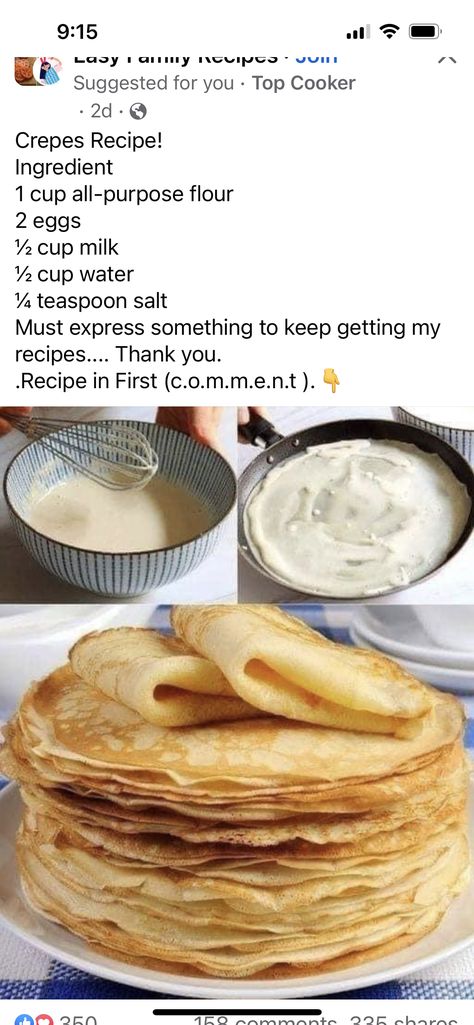 All Purpose Flour Recipes, No Salt Recipes, Crepe Recipes, Grandmas Recipes, All Purpose Flour, Flour Recipes, Recipes Breakfast, Old Recipes, Pancake Recipe