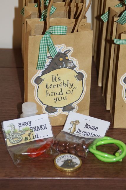 Favors at a Gruffalo Party #gruffalo #partyfavors Gruffalo Birthday Party, Gruffalo Party, Gruffalo's Child, Indoor Birthday, Children Party, The Gruffalo, 3rd Birthday Parties, Childrens Party, 2nd Birthday Parties