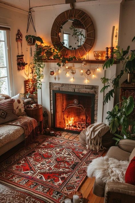 Warm Eclectic Bedroom, Living Room Decor Cozy Vintage, Boho Fireplace Decor, Warm Boho Living Room, Eclectic Fireplace, Boho Fireplace, Cozy Eclectic Home, Minimalist Boho Living Room, Eclectic Boho Home