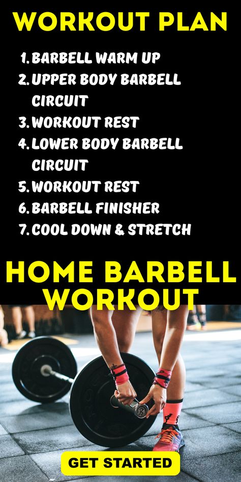 Incorporate a crossfit-inspired at-home barbell workout into your routine. Perfect for men and women, it adds intensity to your workouts and engages multiple muscle groups.Ignite fat burning with an effective at-home barbell workout designed specifically for women. Ideal for at-home fitness, it promotes overall fat loss while toning the body. Barbell Workout For Women Arms, Home Barbell Workout For Women, Barbell Upper Body Workout, Barbell Workout Mens, Home Barbell Workout, Barbell Leg Workout, Barbell Complex Workouts, Back And Abs Workout, Strength Workout Plan