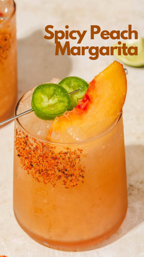 Spicy Peach Margarita Latin Drinks, Booze Recipes, Peach Margaritas, Spicy Margarita Recipe, Cocktail Recipes Tequila, Cocktail Recipes For A Crowd, 5 Oclock, Peach Margarita, Spicy Cocktail