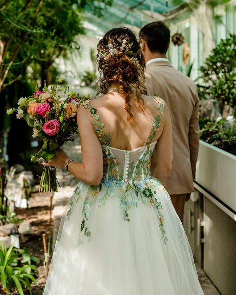 Amy looking absolutely amazing in her floral wedding dress! 😍 We’re so happy to be a part of the big day. ✨ #dressesdioma #weddingdress #bride #magicalwedding #fairydress #diomabride Colored Bridal Gowns, Fairytale Wedding Dress Green, Ethereal Dress Goddesses Wedding, Colorful Embroidered Wedding Dress, Non White Wedding Dress Colour, Hobbit Wedding Dress, Nature Inspired Wedding Dress, Fantasy Wedding Dress Faeries, Fairy Core Wedding Dress